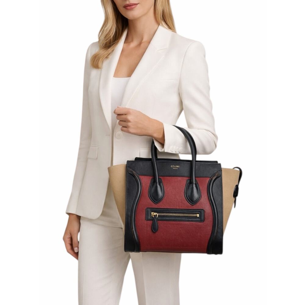 Celine Tricolor Mini Luggage Tote Bag Calf Leather Suede Rust Red Black - Picture 2 of 16
